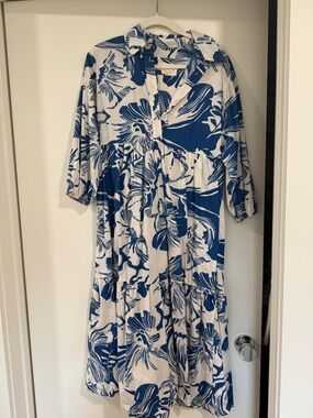 Anthropologie Blue and White Floral Midi Dress